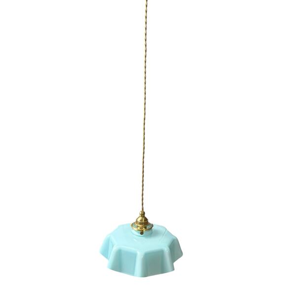 Retro Milk Glass Ceiling Pendant Light Draped Flower Gold Cord Blue Shade - Picture 2 of 11